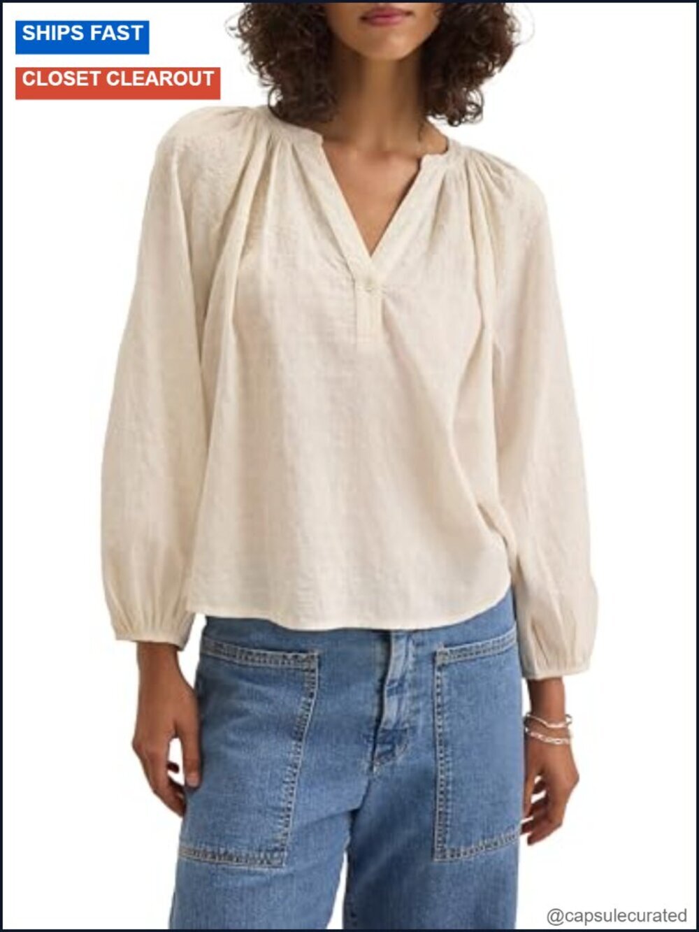 Tonal Stitch Embroidery Long Sleeve Tunic Top Cotton Loose Fit